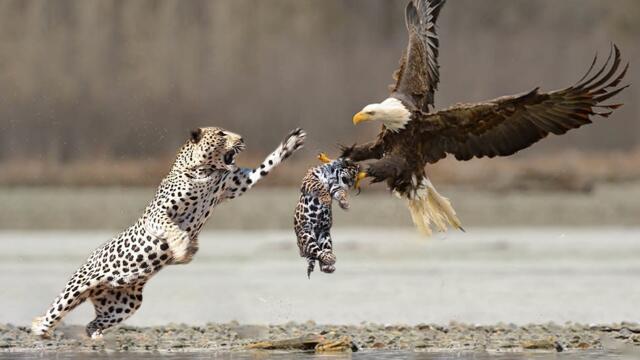 Extreme fight Leopard vs Eagle to save her baby, Wild Animals Attack