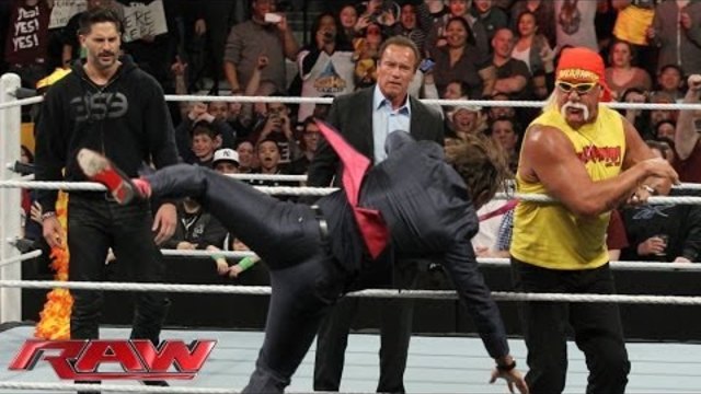 Arnold Schwarzenegger and Joe Manganiello join Hulk Hogan in the ring: Raw, March 24, 2014