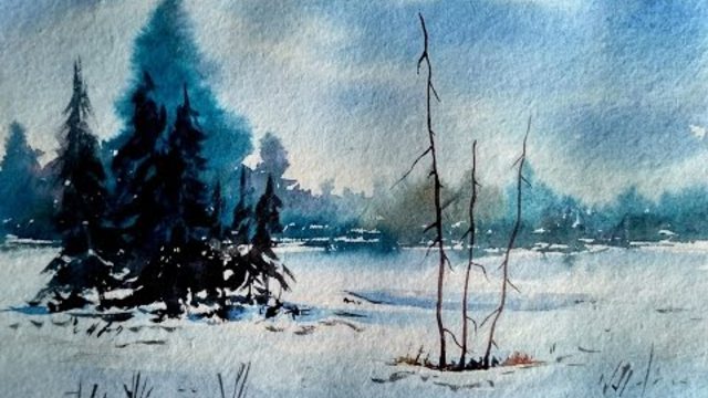 Акварел:Рисуване на зимен пейзаж (от Paint with david)