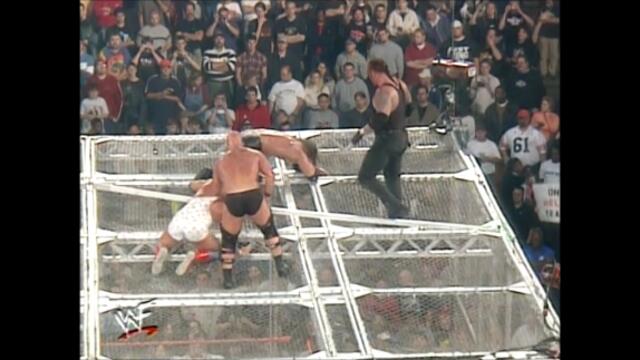 Kurt Angle,Rikishi,Undertaker,Triple H,Austin,The Rock (Hell in a Cell match for the WWF Championship) 2/2
