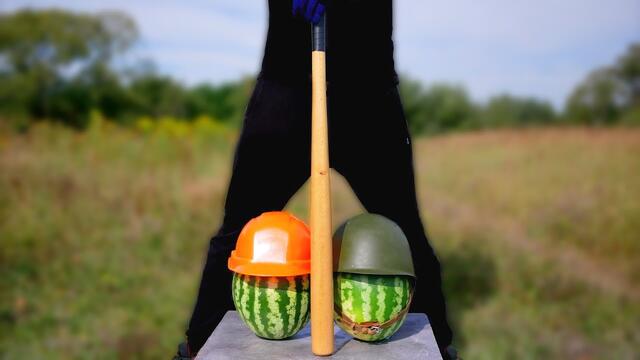 Experiment: Baseball Bat vs Watermelons in a Military & Construction Helmets