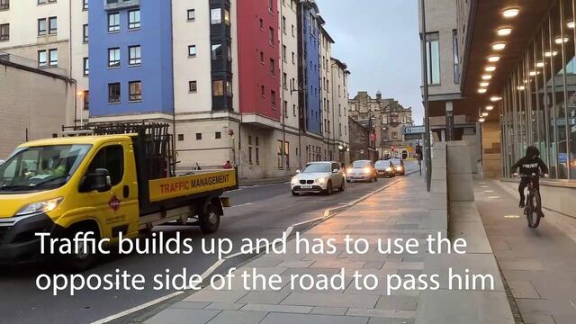 Edinburgh cyclist refuses to pass a car parked on Zig Zig lines