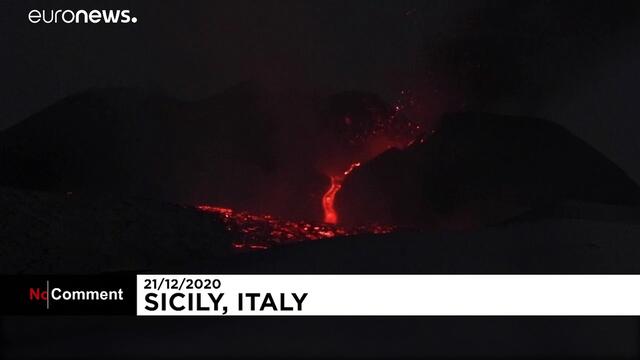 Volcanic explosions from Mt. Etna send lava rocks flying and lava flowing