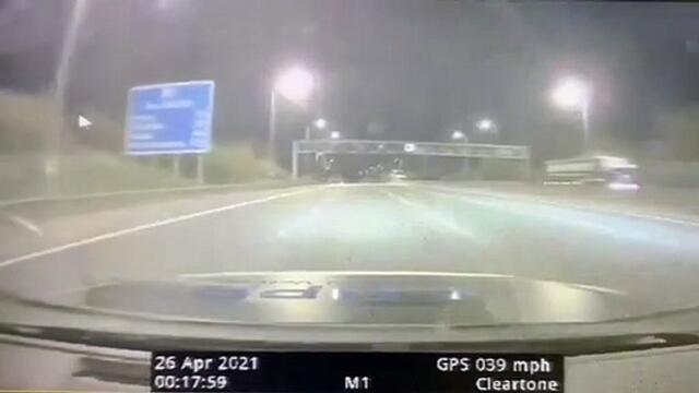 Usman Kiana’s black Audi S3 rockets past police on the M1 in Derbyshire before being pursued by officers