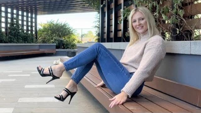 Catie Tries Out Fabulicious POISE-502R Black Two Band Mule Slide 5 Inch High Heel Rhinestone Shoes