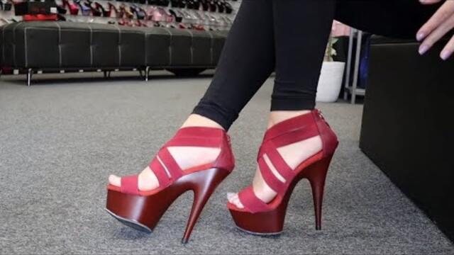 Catie Tries Out Pleaser DELIGHT-669 Burgundy Criss Cross Elastic Strap 6 Inch High Heel Shoes