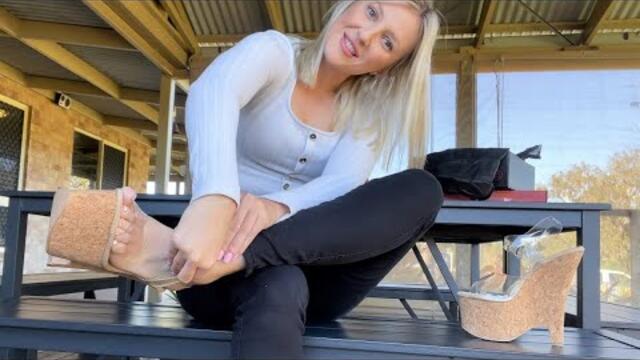 Catie is at her New Ranch and Reviews Pleaser BEAU-608 Cork 6.5 Inch High Heel Wedges Clear Tops