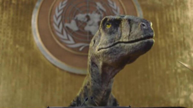 Динозавърът Франки в заседателната зала на ООН 2021 г.! Frankie the Dinosaur has a message for Humanity