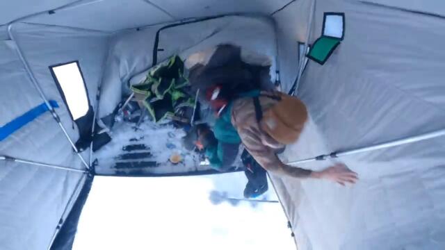 Man Gets Thrown Off Fish House as His Friend Forgets to Unhook Snowmobile From it Before Taking Off