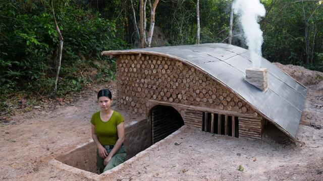 Building a DUGOUT Shelter with Fireplace from START TO FINISH | Plastic Roof & Wood Stove with Clay