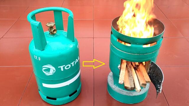 Outdoor wood stove  _ Creative ideas from cement and old gas cylinders