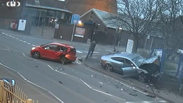 Shocking CCTV shows Audi driver smash into learner then flee scene of crash