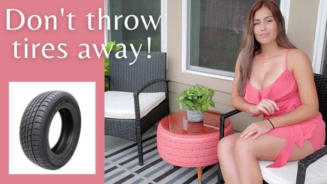 Patio coffee table made from old tire. Easy DIY idea to recycle.  Hand crafted outdoor furniture.