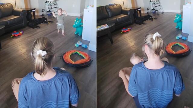 Hungry 1 y/o baby gets excited as mom 'drops 'em out'