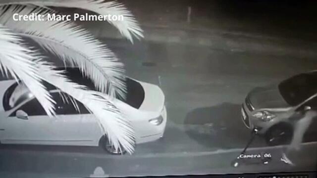 A person on an E-scooter stealing a cat kennel from a front garden