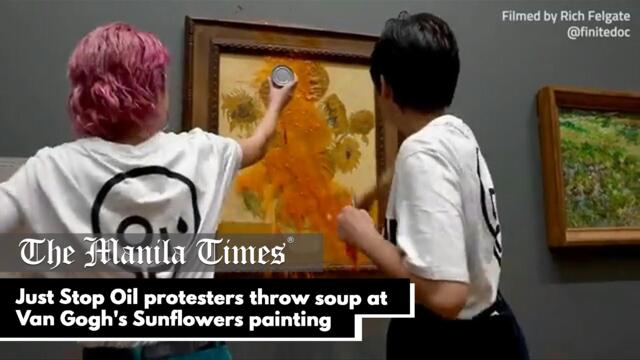 Just Stop Oil protesters throw soup at Van Gogh's Sunflowers painting