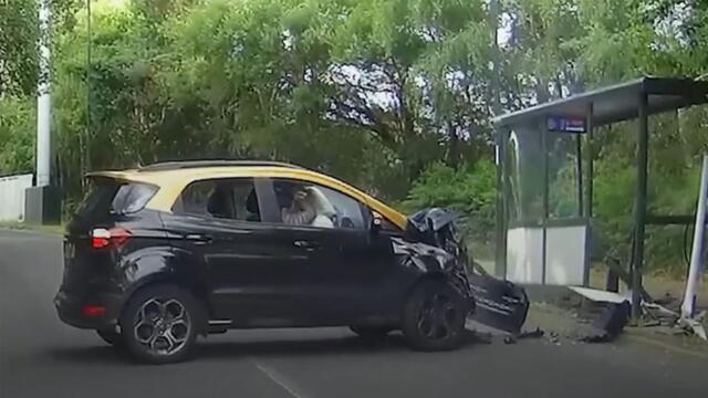 Driver caught on camera ditching stolen car after crashing into bus stop