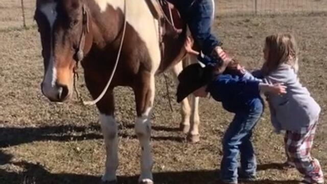 Friend Becomes Ladder to Help Fellow Climb Horse