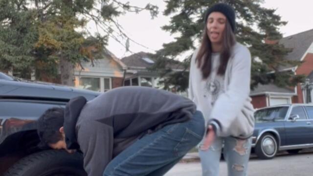 Quirky girlfriend makes partner regret asking for her help with changing tires