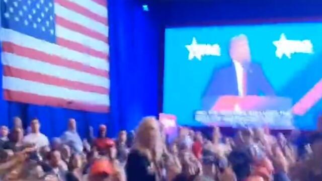Moment Donald Trump’s CPAC speech is interrupted by rude song