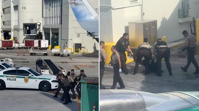 Moment plane passenger carried off flight after ‘biting police’