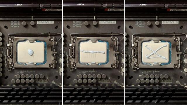 Muster für Wärmeleitpaste im Vergleich: Punkt gegen Strich gegen X