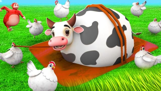 Giant Cow's Mud Adventure - Magical Color Hens Saves Big Cow from Mud | Horse Elephant Monkey Comedy