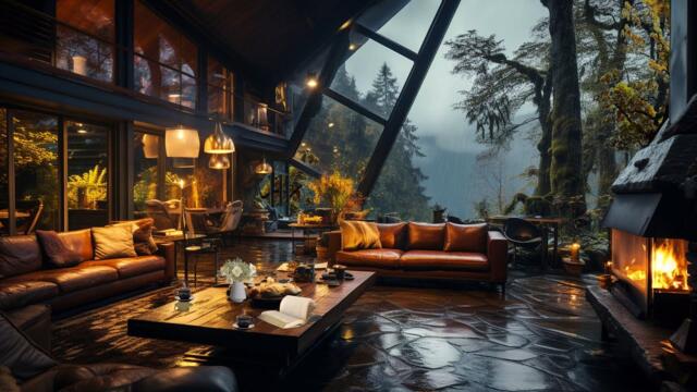 Cozy Mountain Cabin Rain Ambience with Relaxing Piano Music and Fireplace Sounds For Sleeping, Study