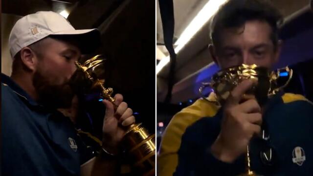 Rory McIlroy and Shane Lowry drink from Ryder Cup trophy as Team Europe teammates chant ‘USA is terrified’