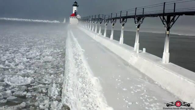 Aerial footage captures stunning scene of freezing Lake Michigan