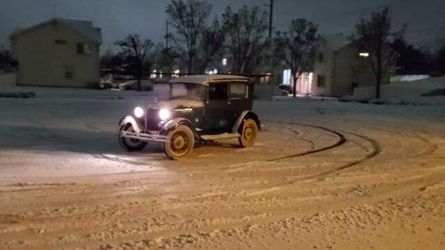 Drifting a 1929 Ford Model A in the snow