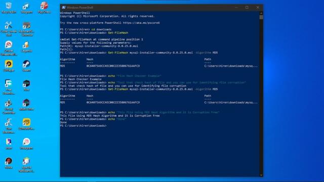 check file hash correct or not or file corrupted or not using PowerShell in windows 10 @hsktube