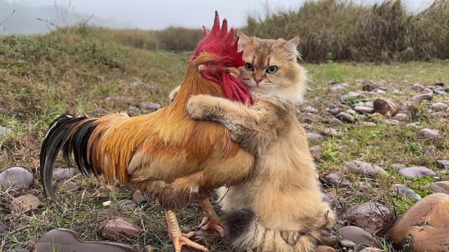 magical cat will protect the rooster and go on an outdoor adventure together!Funny cow. Cute animals