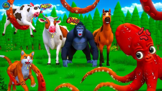 Octopus Terror: Gorilla's Courageous Rescue of Baby Cow, Cat, Pig & Sheep! Animal Kingdom Fights