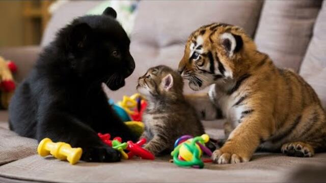 cute tiger cub and a kitten and baby black panther ❤️❣️✨