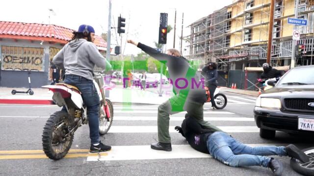 WANNABEE COP HITS DIRT BIKER THEN GETS BEAT UP BY OTHER DIRT BIKERS