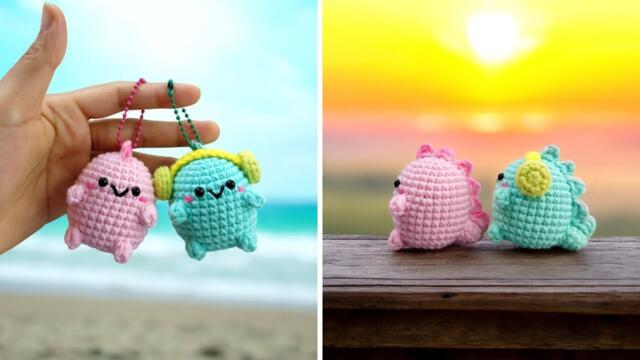 Dinosaur crochet - How to crochet a dino amigurumi keychain (Subtitles)