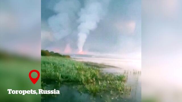 Giant smoke cloud in the Russian town of Toropets after Ukrainian drone attack