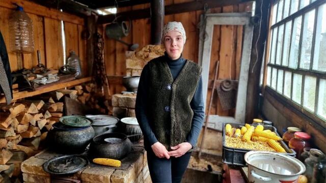 The hard life of a girl in a remote village in Ukraine. Cooking borscht in the oven