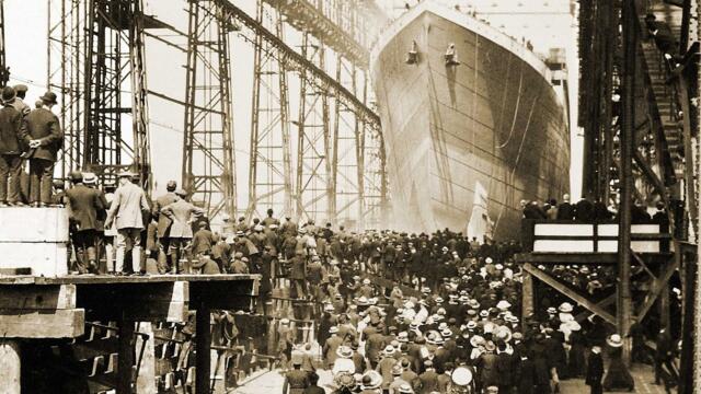 Titanic launch into Belfast Harbour (1911), fit out and beginning of voyage to Southampton (1912).