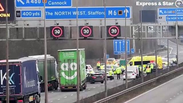 The scene of a serious road traffic collision, which closed both lanes of the M6 near junction 11.