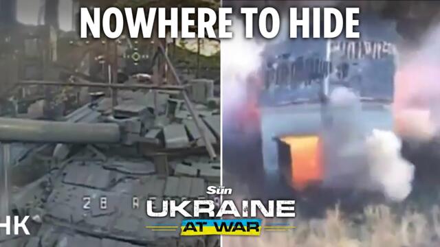 Russian tank tries to hide in shack but is blown sky high by Ukrainian drone