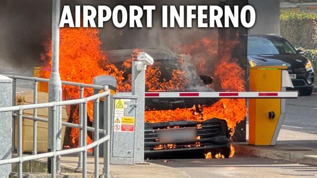 Shock moment car bursts into ball of flames at Gatwick airport