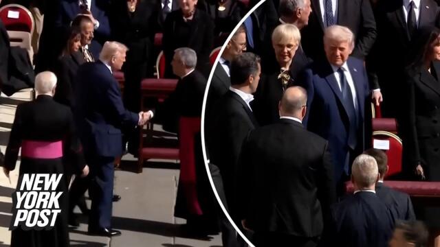 President Trump and Melania seated at Pope Francis' funeral, greet other dignitaries