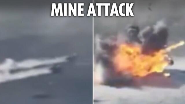 Two Russian military quad bikes explode into a fireball as they hit mines