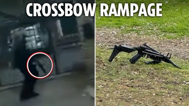 Moment crossbow attacker wields weapons through street as two women injured