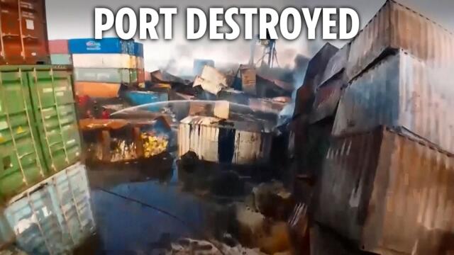 Drone's APOCALYPTIC first look at Iran port after explosion as Russian planes help