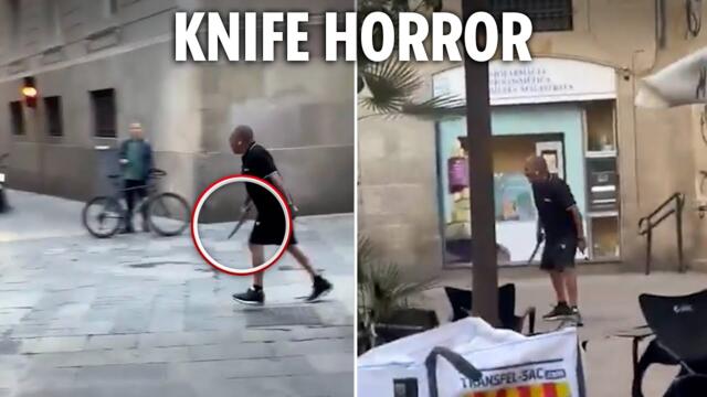 Chilling moment knifeman runs through holiday hotspot as tourists flee