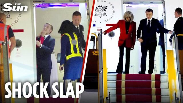Bizarre moment Emmanuel Macron is SHOVED by wife Brigitte while ‘bickering’ as they got off plane