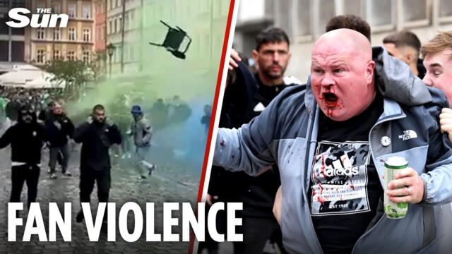 Moment Chelsea & Real Betis fans CLASH in Poland launching chairs & smoke grenades